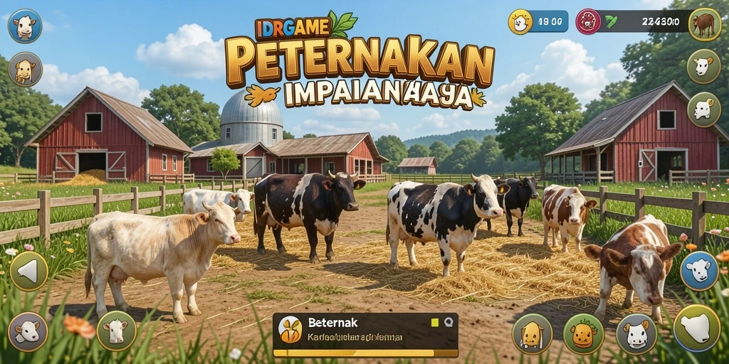 Tampilan antarmuka permainan peternakan IDRGAME yang menarik.